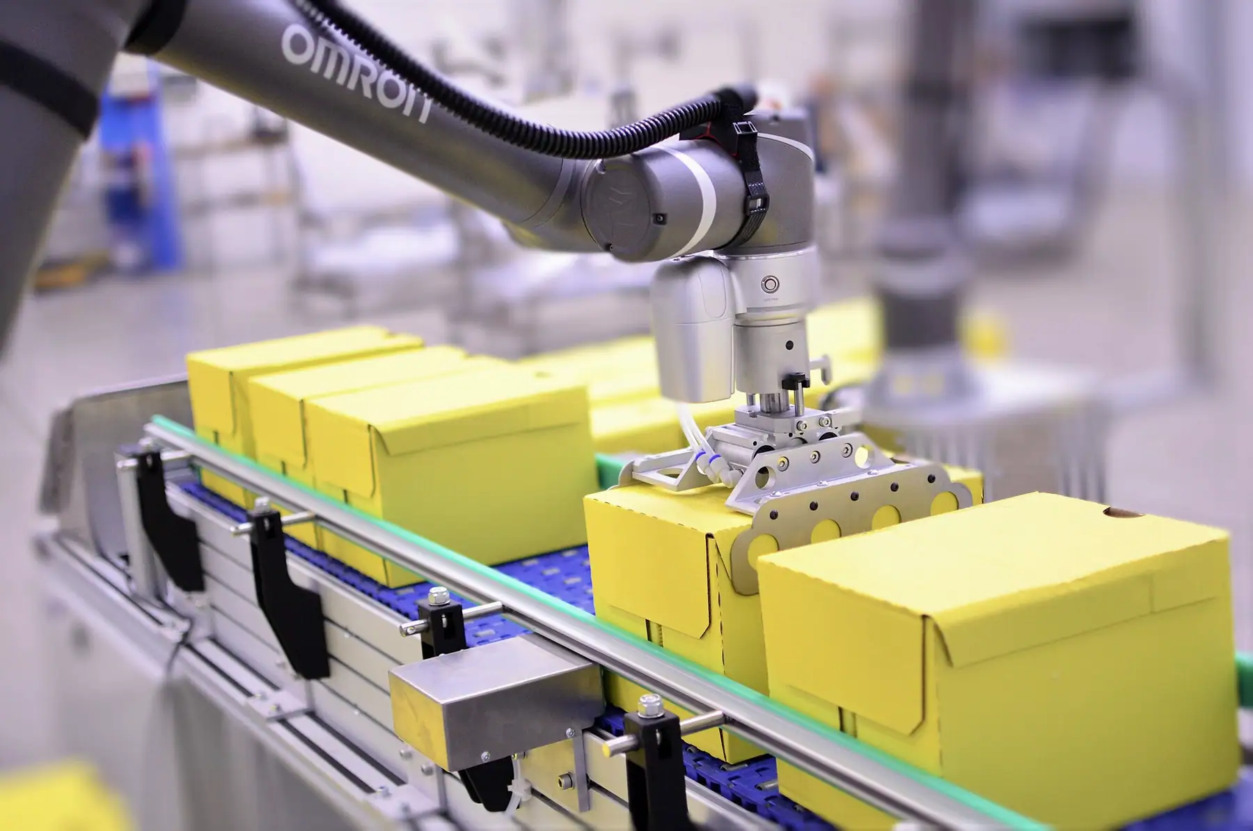 Konveyör üzerindeki sarı kolileri robot tutucusuyla toplayan paketleme istasyonu